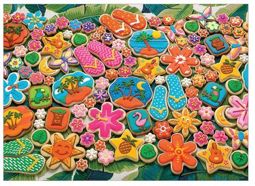 Tropical Cookies 1000pc depicting sugar cookies decorated in bright tropical shapes and colors, Flip flops, moons, flowers, islands