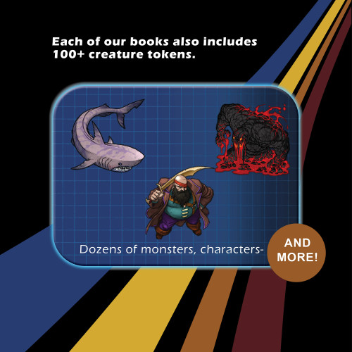 Text: Each book contains 100+ creature tokens, pirate, shark and lava monsters