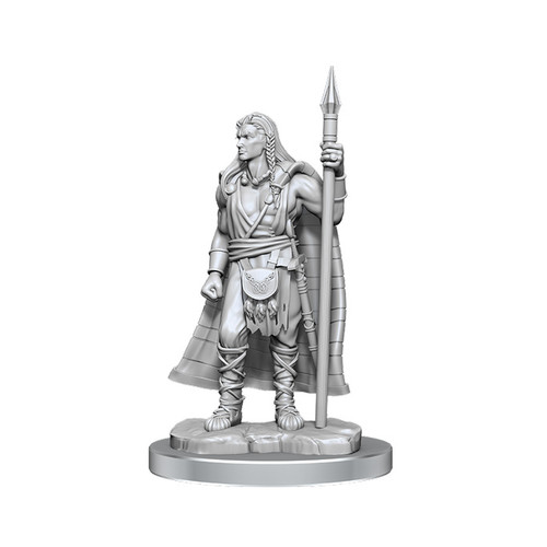 Humanoid with long cape and spear and partial braided hair 