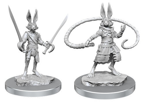 Harengon Rogues—D&D Nolzur's Marvelous Miniatures W17- Hare-creatures- one with a whip second dual welding swords