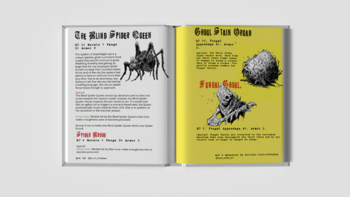 Forbidden Psalm: In the Footsteps of the Mad Wizard sample page depicting a blind spider queen and ghoul stain organ