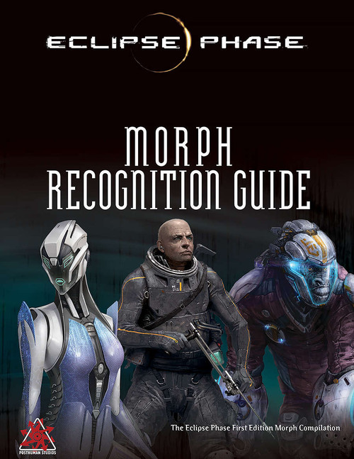 Morph Recognition Guide–Eclipse Phase cover featuring a AI looking robot, a bald man in a space suit and a gorilla in a space suit 