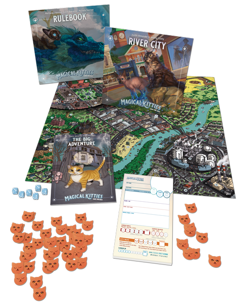 Magical Kitties Save the Day–All Ages RPG game components including kitten tokens, map, and dice
