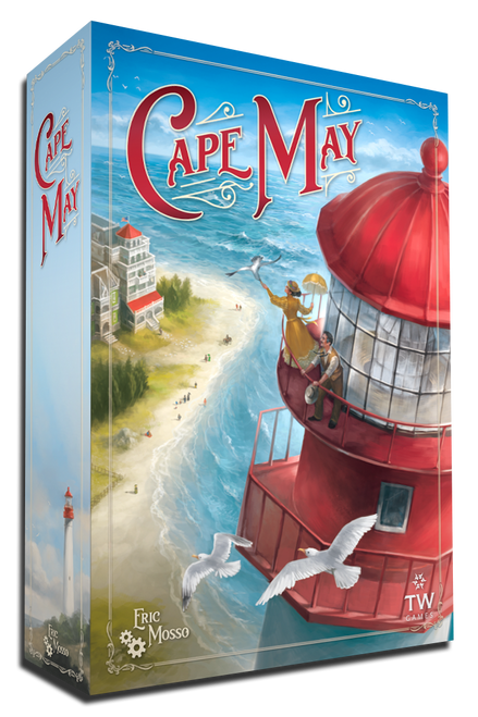 Cape May game box cover featuring a lady with a parasol and gentleman at the top of a lighthouse overlooking a villa 
