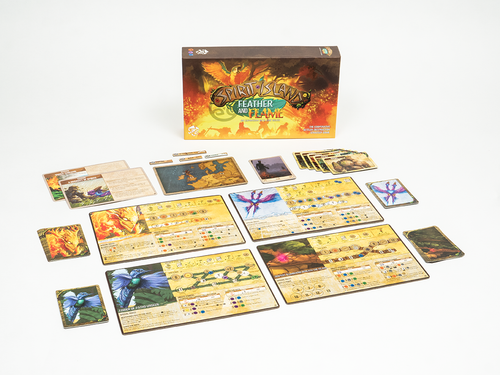 Spirit Island: Feather & Flame Expansion game components cards and character tracking card/map