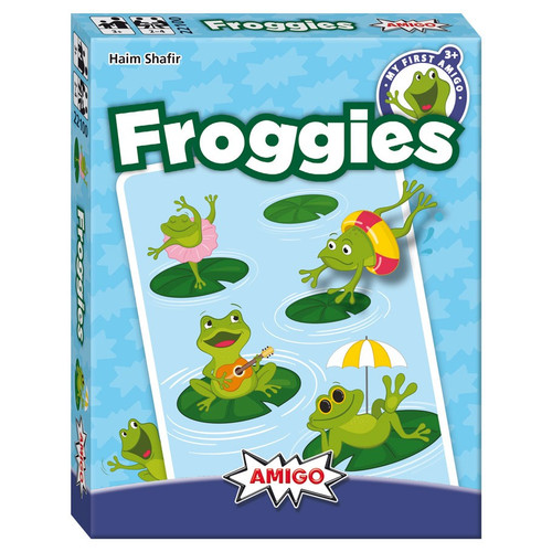 Froggies product cover with 4 frogs in various poses like sunbathing and dancing
