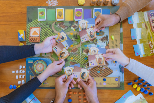 Viticulture World: Cooperative Expansion game components currency, characters, meeples, game board. 