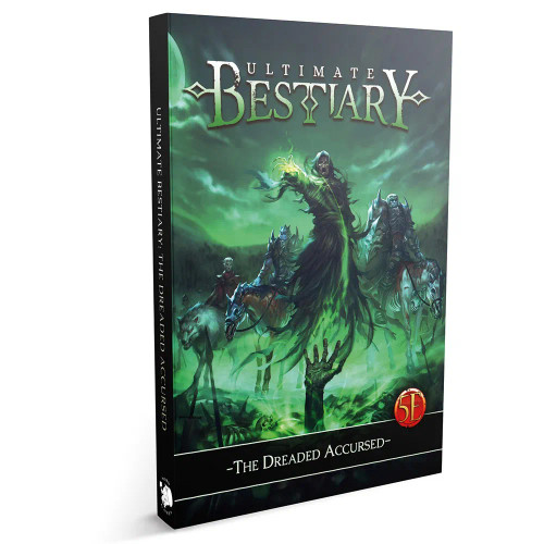 Ultimate Bestiary: Dreaded Accursed–D&D 5E cover featuring a necromancer surrounded by a party on horses while a hand is coming out of the ground, green hued.