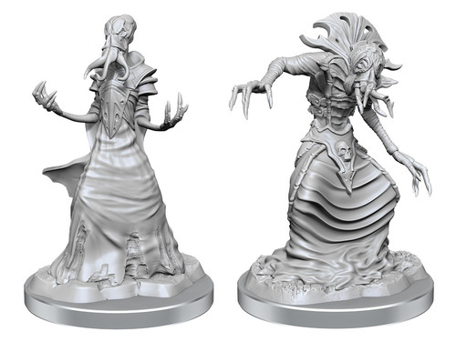 Mind Flayers–D&D Nolzur's Marvelous Unpainted Miniatures W18- 2 mini's one is hunched with a mask and skull belt, the other standing tall with arms outreached