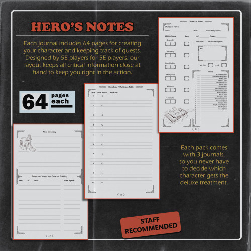  Player Journal, Black–D&D 5E sample pages including character sheet, multi class table, inventory