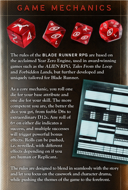 Blade Runner RPG Core Book game mechanics page with red dice across the top