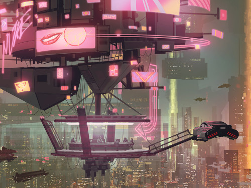 Art of a futuristic space bar amid skyscrapers
