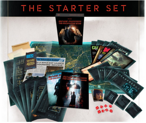 Blade Runner RPG Starter Set displaying full box components including dice, character cards, a map 