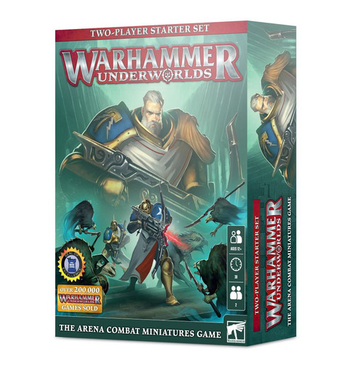 Warhammer Underworlds Starter Set box cover featuring a broad grey hair man holding a large gun