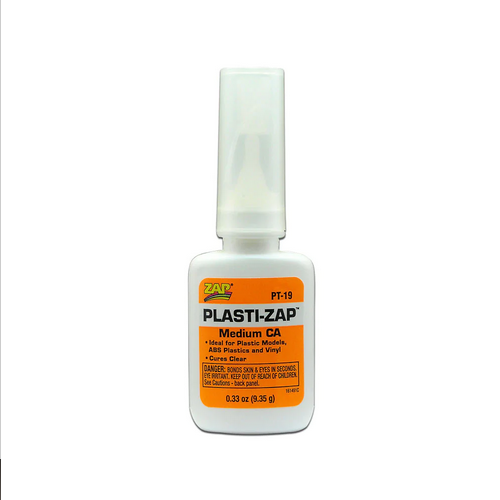 ZAP Plasti-ZAP Medium 1/3oz white bottle with narrow tip and orange label