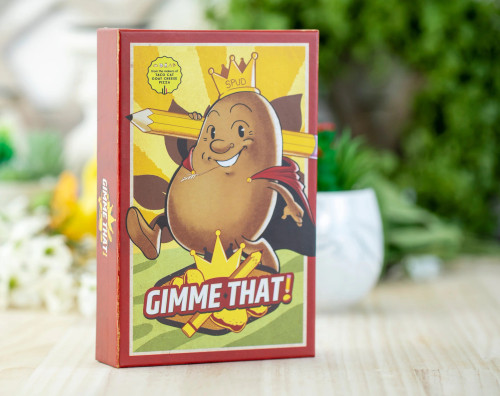 Gimme That! game cover featuring a potato carrying a pencil wearing a crown