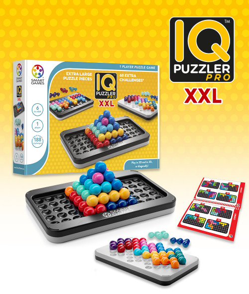 IQ Puzzler Pro XXL game box and components- stacked color coded marbles in a tray with dips. 