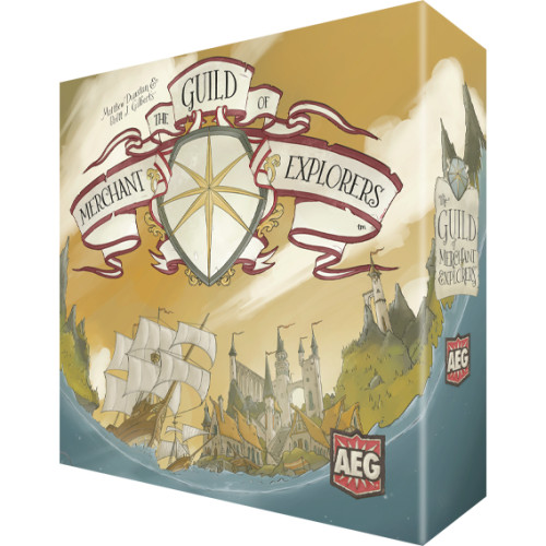 Guild of Merchant Explorers product box cover featuring a ship, port town and castle