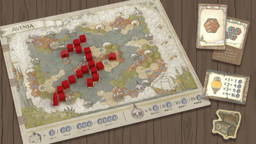 Guild of Merchant Explorers game components a hexagon map with red cubes and cards
