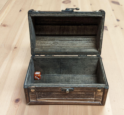Big Dice Chest brown with metal clasp open with dice inside
