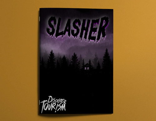 Book Cover of  Slasher RPG featuring a house with purple lit windows in a forest with Slasher in a creepy font
