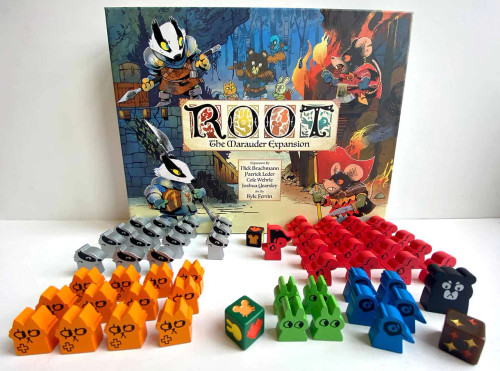 Root: The Marauder Expansion  game components die, 6 different kinds of animal pieces