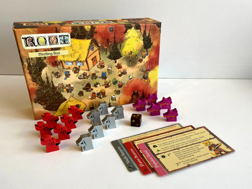 Game components featuring cards, dice, chicken raccoons and cat playing lute pieces