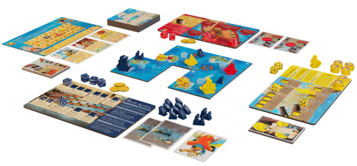 Ahoy game components of game board, ships, dice, character cards, score tracker, card deck  
