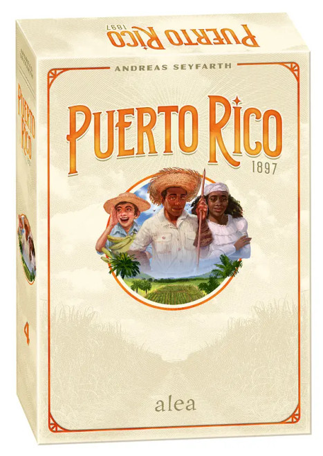 Game box cover of Puerto Rico 1897 featuring 3 people over a plantation 
