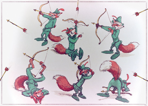 Fox Robin Hood in various poses, holding a bow and arrow, with arrows flying in all directions. 