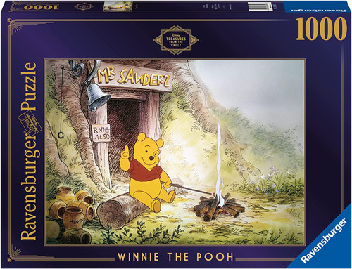 Winnie the Pooh 1000pc puzzle cover- Winnie the Pooh sitting at a campfire, at the door of Mr Sanderz (bottom of a tree) with hunny pots around 