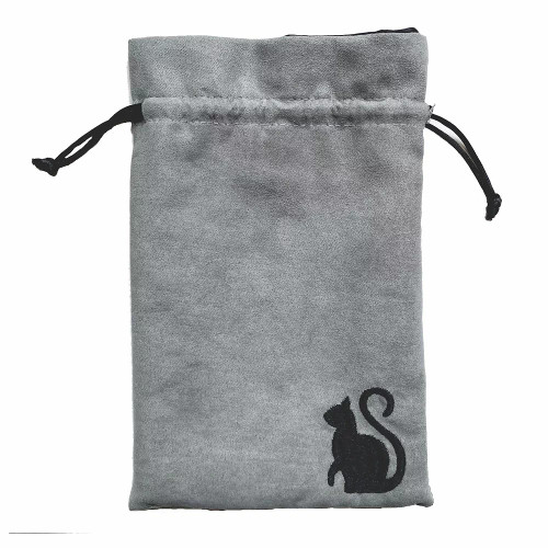 Kitty Clacks Dice Bag- Grey drawstring bag with a small black kitty on the bottom right corner. 