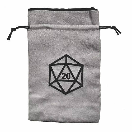 D20 Dice Bag- silver drawstring bag with D20  at the center