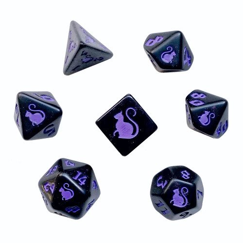 Magic Kitty Clacks Dice Set- Matte Black speckled, light  purple cats/numbers 