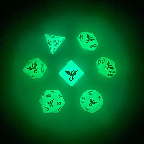 Dragon Moon, Glow-in-the-Dark Dice Set (shown glowing) 