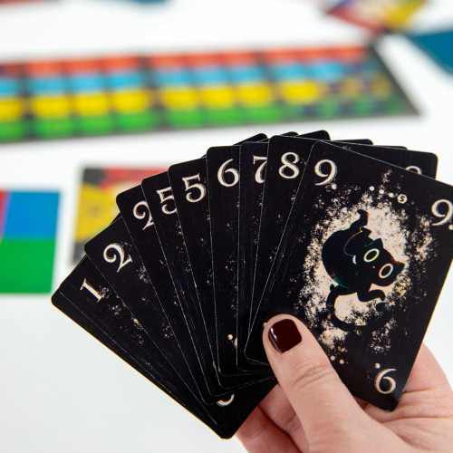 Black playing cards with cat and off white numbers