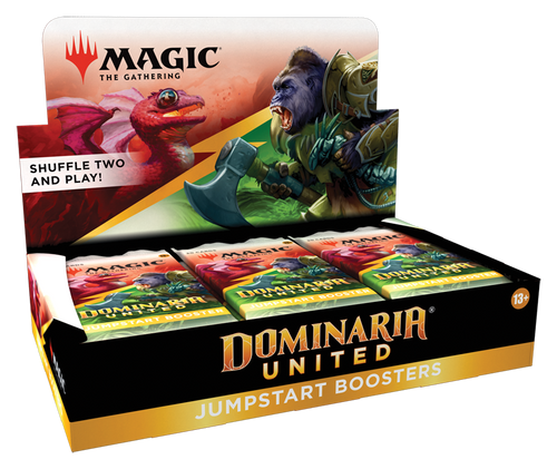 Jumpstart Booster, Dominaria United—Magic: the Gathering display of large eyed red flying lizard and Gorilla with great ax