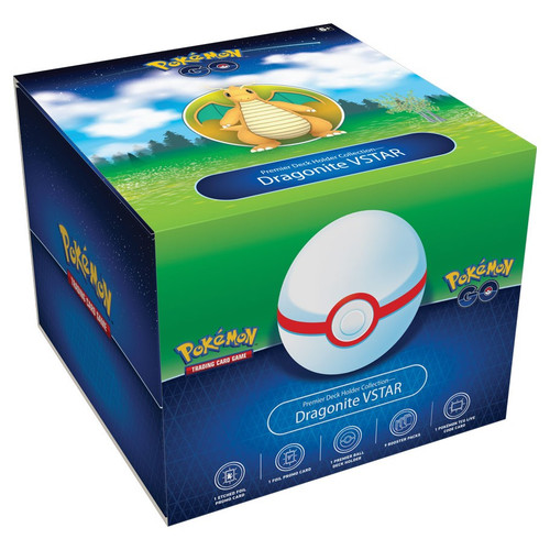 Dragonite VSTAR Collection—Pokémon GO product box white Pokémon ball with orange dragon Pokémon on top. 