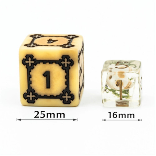 Parchment Castle Huge Dice 25mm compared to a 16mm 