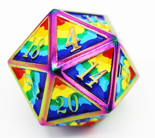 Close up of Rainbow Pride Flag Metal Dice Set