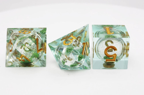 Close up of Mint Green Liquid Core Sharp-Edge Resin Dice