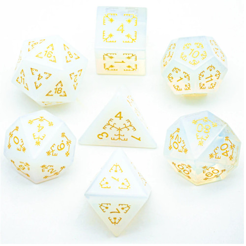 Opalite Flourish Stone Dice Set with Gold from above