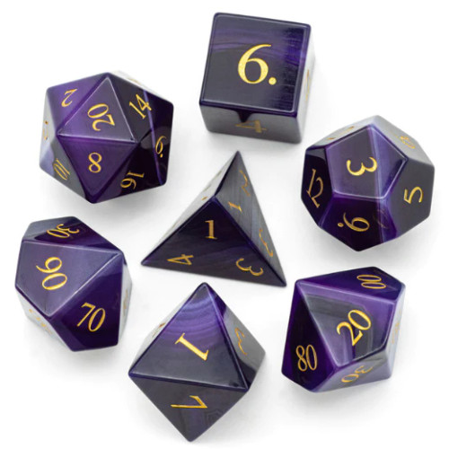 Purple Agate Stone Dice Set with Gold from above