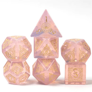 Pink Opalite Runes Dice Set stacked