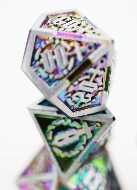 Metal ten and eight-sided dice from the Holographic Sword set