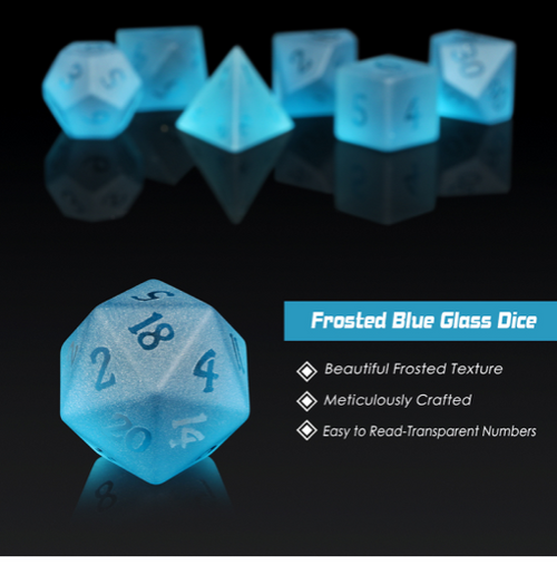 Frosted Aquamarine glass dice set with easy-to-read etched numbers