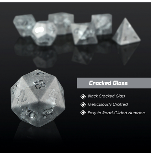 Shattered Onyz Zircon glass dice set with easy-to-read etched numbers