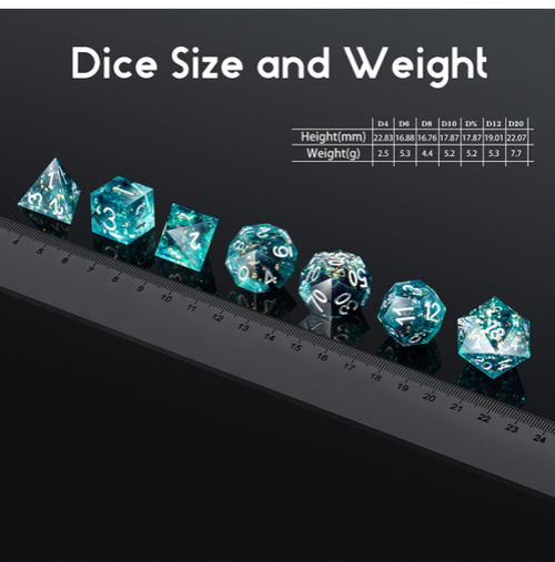 Size and Weight chart for Ocean sharp edge dice set