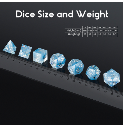 Size and Weight chart for Frozen sharp edge dice set