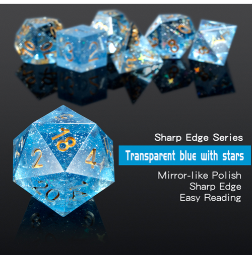 Constellation sharp edge dice set with mirror-like polish, precision sharp edges, and easy-to-read numerals